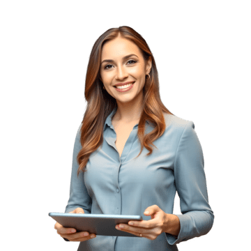 pngtree a smiling businesswoman is portrayed with touchpad making eye contact the png image 15705553